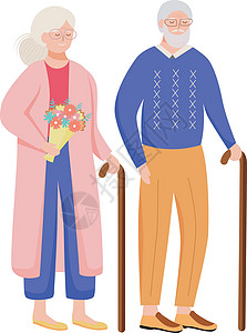拿着风筝爷爷退休人员平面矢量图解 拿着拐杖的高龄家庭 老夫妇花时间在一起 有花的老妇人 白色背景上的养老金领取者卡通孤立人物衣服外套奶奶插图设计图片
