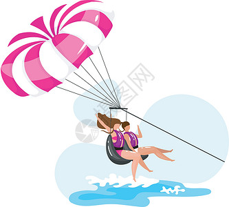 水上跳伞滑翔伞平面矢量图 极限运动体验 积极的生活方式 暑假有趣的活动 海洋绿松石波 蓝色背景上的一对孤立的卡通人物海景海浪插图漂浮海滩设计图片