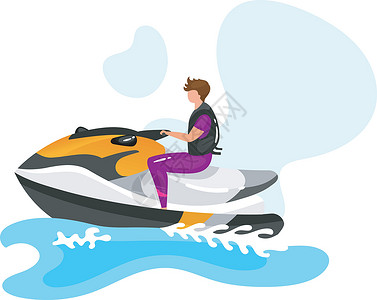 水上快艇人在水上滑板车平面矢量图 极限运动体验 积极的生活方式 暑假户外趣味活动 海浪 蓝色背景上孤立的运动员卡通人物快艇汽艇肾上腺素游设计图片