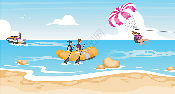 水上跳伞夫妻活动平面矢量图 极限运动 骑小艇 团队合作跳伞 水上户外活动 积极的生活方式有趣的娱乐 体育人卡通人物女士运动员海洋海岸摩托设计图片