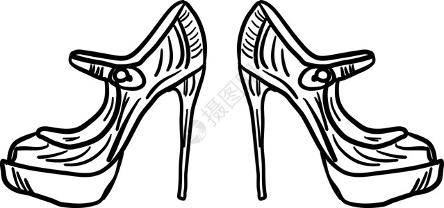 高跟女鞋白色背景上的女鞋草图艺术绘画鞋类女性脚跟插图配饰女士黑色设计图片