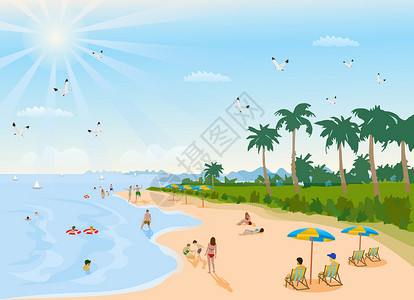 快乐每一天人们在假期在海滩上进行各种活动 天空和阳光在背景中闪耀设计图片