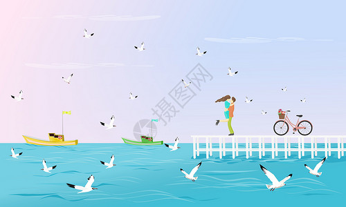 散步在海滩上的情侣情侣们在一座延伸到海中的白色桥上拥抱 旁边有一辆自行车 以海鸥和渔船为背景设计图片
