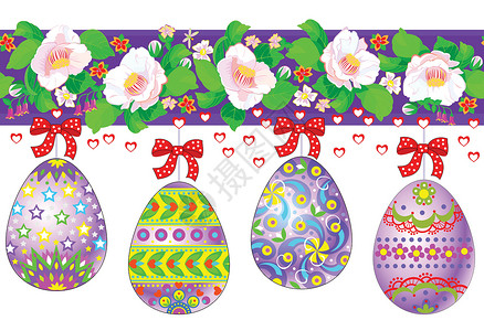 复活节问候日的无缝图案丝带 程式化的节日鸡蛋和丰富的花卉装饰的插图 横幅或海报的现代印刷品 最美好的节日祝福 矢量卡通形象设计图片