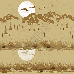 开启旅游模式加拿大的风景有山林和riversunset的 鸟儿在飞翔 无缝模式 单色着色设计图片