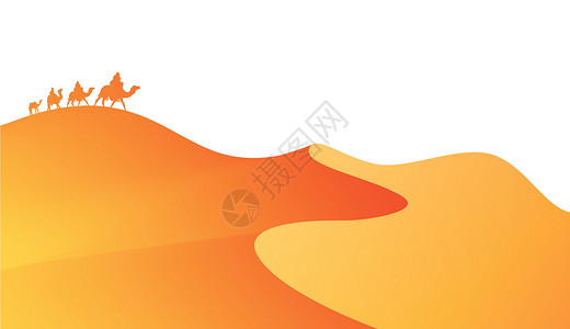 撒哈拉沙漠动画景观大篷车的骆驼和沙漠波浪 非洲沙漠中的平旗沙丘 矢量图橙色背景设计图片