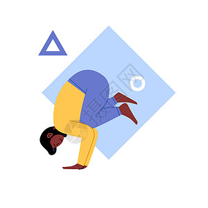 做饺子的男人以抽象几何背景进行瑜伽的人的平面和直线插图Name蓝色瑜珈闲暇平衡男性几何图形运动装体式正方形几何学设计图片