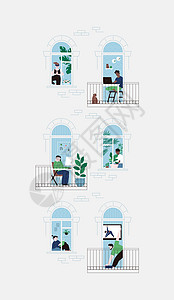 在阳台上一套关于为隔离而留在家中的人的平面图示 一栋公寓房 窗户和小门的外墙孤独瑜伽阳台寒意宠物城市阅读自由职业者在线植物设计图片