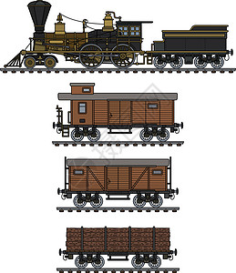 老式美国蒸汽火车机器铁路运输货运卡通片棕色插图荒野煤炭黄铜设计图片