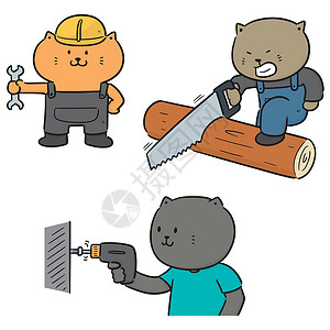 木匠测量一组猫也使用结构建筑学木匠装饰扳手配件绘画手绘硬件涂鸦螺丝刀设计图片