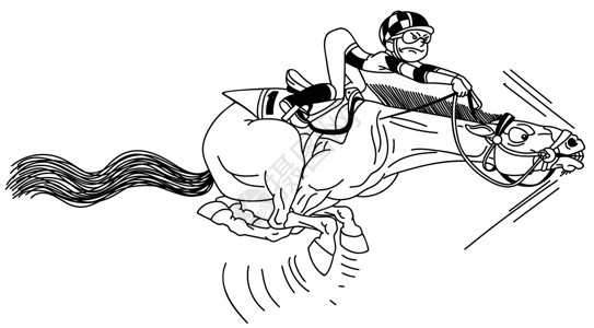 全速骑马的卡通骑师 黑与白设计图片