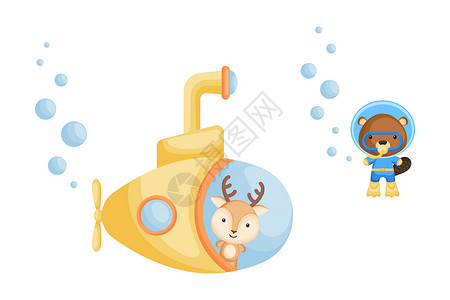 潜望镜可爱的卡通鹿从潜艇窗外望去 可爱的海狸设计图片