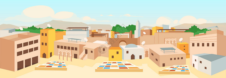 香格里拉镇旧阿拉伯城市平板彩色矢量插图设计图片