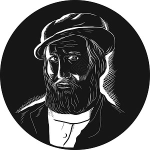 科尔甘多埃尔南科尔特斯征服者伍德库男人殖民者油毡块艺术品版画油毡帽子男性木刻雕刻设计图片