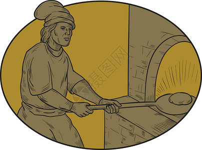 手工面团中世纪面包师面包皮木烤箱椭圆形抽屉手工男人厨师面团刮板手绘木头草图艺术品面包师设计图片