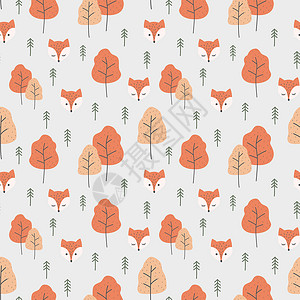 红狐狐卡通和无缝模式墙纸狐狸打印织物橙子树木孩子们婴儿红色卡通片设计图片