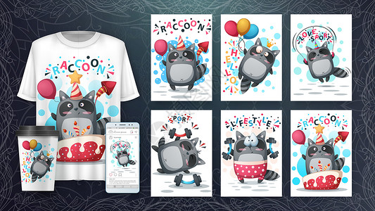 可爱胖胖猫气球设置可爱的浣熊海报和销售孩子咖啡杯子绘画乐趣情感工具假期动物生日设计图片