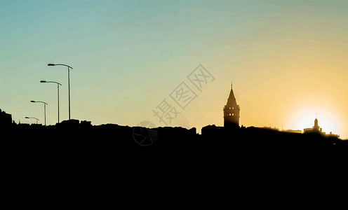 金角加拉塔塔日出时的轮廓石头建筑旅行旅游文化尖塔城市日落橙子夕阳设计图片