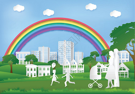 爸爸推婴儿车快乐的家庭在公园玩乐 在蓝天的彩虹中 爸爸设计图片