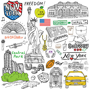 城市纽约纽约市涂鸦元素 手绘套装 出租车 咖啡 热狗 自由女神像 百老汇 音乐 咖啡 报纸 博物馆 中央公园 绘图涂鸦集合 隔离在白色建设计图片
