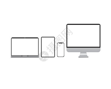 台式显示器逼真的矢量数字白色台式电脑显示屏智能手机平板电脑便携式笔记本电脑或笔记本电脑和 taplet 概述样机电子设备电话监控线简单隔离设计图片