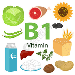 草莓面包元素信息图表集维生素 B1 和有用的产品菠菜 花椰菜洋葱豌豆土豆 健康的生活方式和饮食矢量概念设计图片