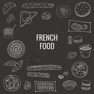 法式焦糖布丁从法国食物中抽取的矢量手 一套经典法国菜盘设计图片
