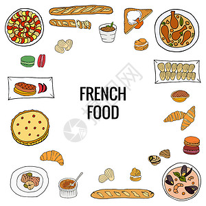 卤鹅肝从法国食物中抽取的矢量手 多彩的法国菜盘设计图片