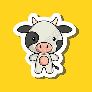 可爱的小牛可爱的卡通贴纸小奶牛 为儿童卡片设计的吉祥物动物角色婴儿送礼会海报生日邀请服 卡通风格的彩色幼稚矢量插图设计图片