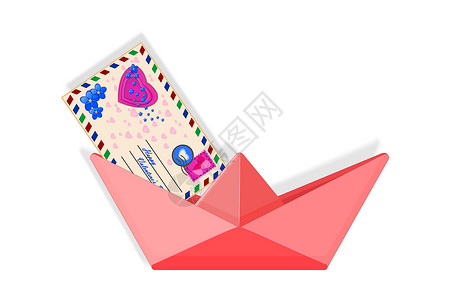 粉色邀请函信封纸船与孤立的白色背景上的情书设计图片