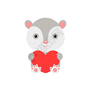 可爱有趣的负鼠与白色背景上的心 祝贺情人节贺卡邀请墙装饰贴纸的卡通动物角色 炫彩矢量图背景图片