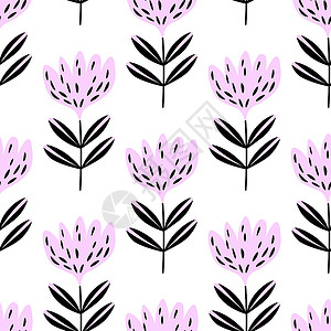 夏天植物元素基于传统民间艺术饰品的无缝花卉图案 粉红色和黑色的花朵 斯堪的纳维亚风格 瑞典北欧风格 矢量图 具有自然元素的简单简约图案邀请函设计图片