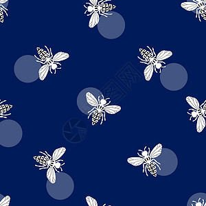 飞行昆虫蓝色与蜜蜂在蓝色背景上的无缝模式 可爱的卡通黄蜂角色 邀请函 卡片 纺织品 织物的模板设计 涂鸦风格 矢量库存插图装饰翅膀飞行墙纸蜂设计图片