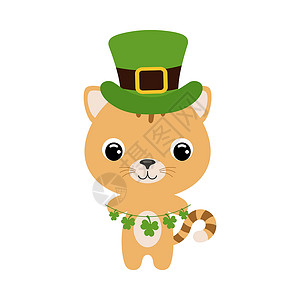 戴项链的猫戴着绿色妖精帽子的可爱猫咪 卡通可爱的动物与三叶草 白色背景上的矢量圣帕特里克节插图 爱尔兰节日民俗主题设计图片