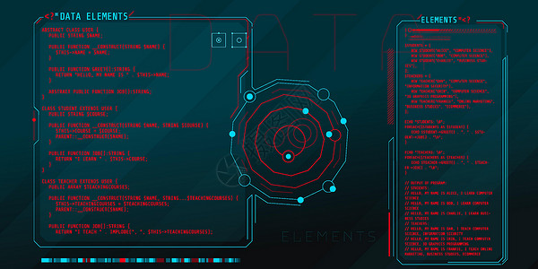 六要素HUD与PHP代码部分的接口要素互联网数字化插图脚本建筑学服务器电脑程序数据开发商设计图片