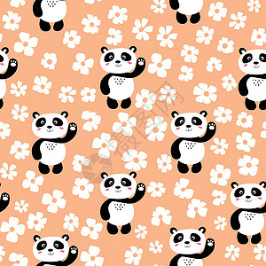 动物图案无缝模式与可爱的熊猫宝宝在彩色花卉背景 有趣的亚洲动物 卡片 儿童明信片 织物 纺织品 壁纸 礼品包装纸的平面矢量图绘画丛林土著设计图片