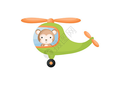 绿色直升机的逗人喜爱的小猴子飞行员 儿童读物专辑的卡通人物婴儿淋浴贺卡派对邀请屋内部 矢量股票图设计图片