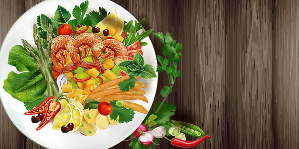 沙拉菜带虾 蔬菜和薯条的沙拉萝卜烹饪辣椒香菜胡椒美食厨房桌子土豆薄荷设计图片