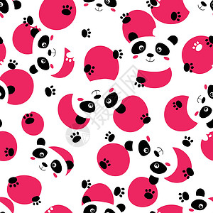 动物图案与可爱的熊猫宝宝在白色背景上的无缝模式 有趣的亚洲动物 卡片 儿童明信片 织物 纺织品 壁纸 海报 礼品包装纸的平面矢量图假期妈设计图片