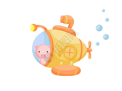 动物卡通闹钟可爱的小猪在黄色潜水艇上航行 儿童读物专辑的卡通人物婴儿淋浴贺卡派对邀请屋内部 矢量股票图设计图片