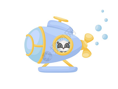 棕子卡通可爱的小獾在蓝色潜水艇上航行 儿童读物专辑的卡通人物婴儿淋浴贺卡派对邀请屋内部 矢量股票图设计图片