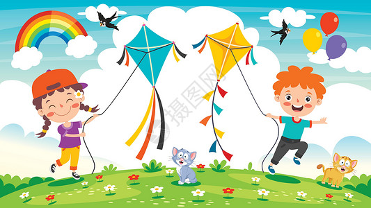 美丽风筝孩子玩五颜六色的工具包天空自由乐趣闲暇艺术童年蓝色孩子们卡通片细绳设计图片