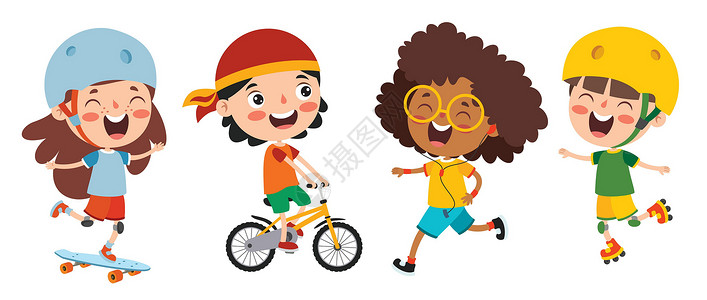 骑木马的男孩快乐的孩子们做各种运动呼啦圈休闲生活方式孩子网球活动艺术跑步运动员插图设计图片