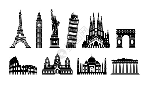 欧洲雕塑世界著名建筑矢量插图集世界遗产自由女神像埃菲尔铁塔等自由雕像旅行游客文化旅游城市卡通片女士雕塑设计图片