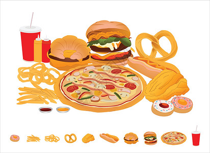 饮料面包一组垃圾食品高脂肪卡路里和胆固醇但使精神快乐 平面向量组图案设计图片