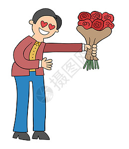 卡通红色玫瑰恋爱中的卡通人给一束玫瑰矢量它制作图案男人男性展示邀请函女朋友花束假期惊喜绘画插图设计图片