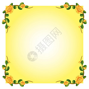 黄色邀请函带有开花植物边框设计的空模板设计图片