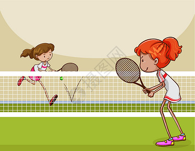 球场女孩网球场景绘画练习球拍娱乐卡通片女士团队风景训练设计图片
