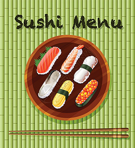 食物套餐寿司筷子鲑鱼食物竹子盘子菜单绘画美食卡通片套餐设计图片