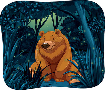 灰熊熊和萤火虫捕食者热带食肉濒危卡通片白色昆虫绘画树木丛林设计图片